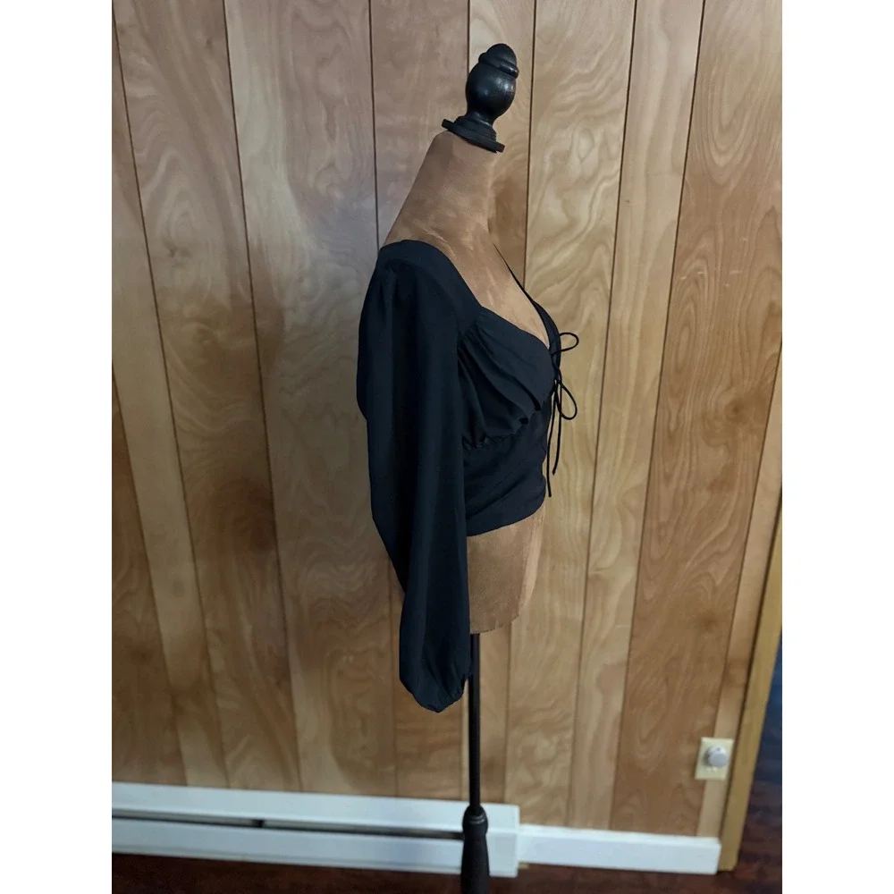 Abercrombie & Fitch Black‎ Tie-Front Ruched Smocked Long Sleeve Blouse Womens M
